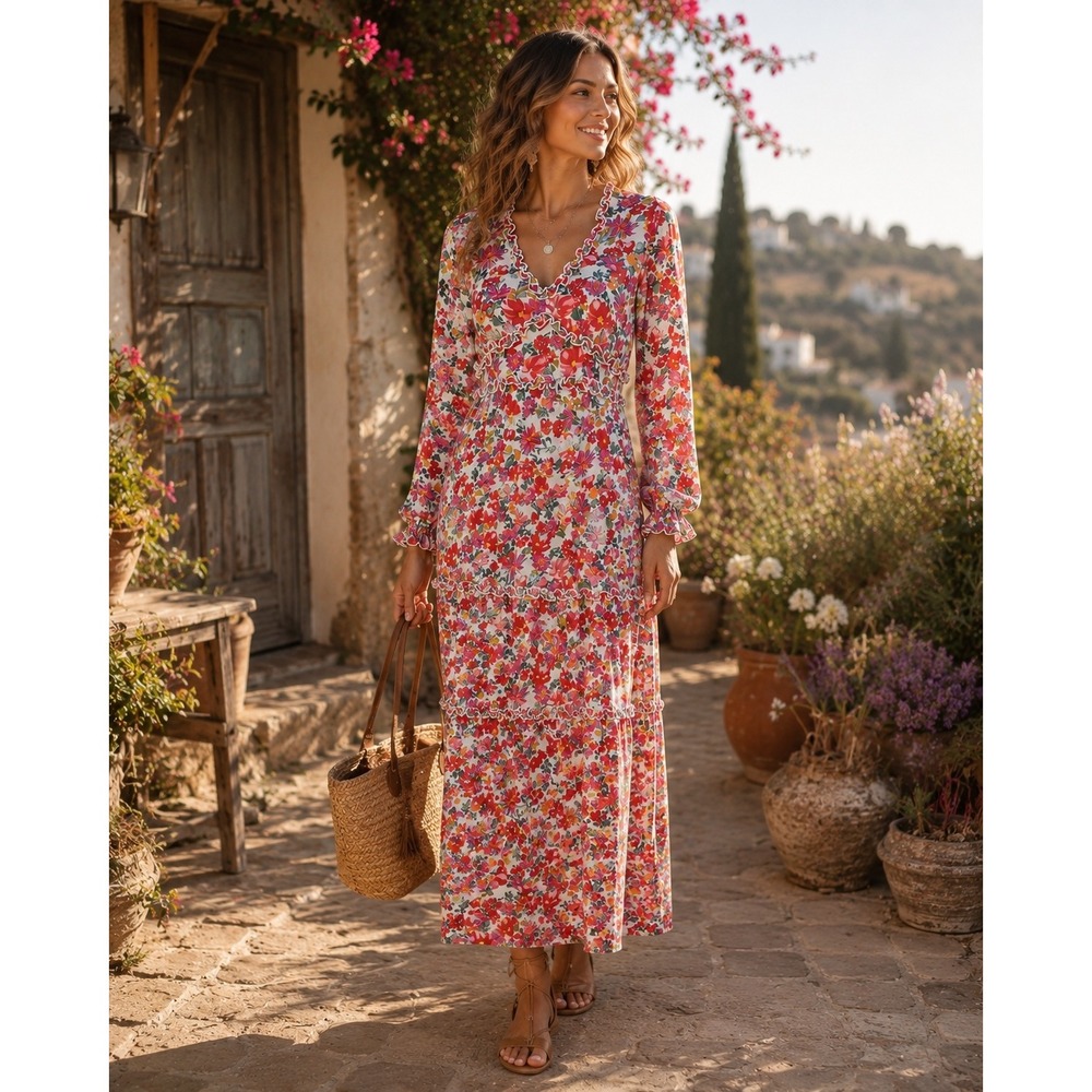 Bohme Floral Long Sleeve Tiered Peasant Maxi Dress Size‎ S NWOT Cottagecore Long